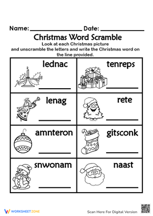 Holiday Christmas Word Scramble Worksheet