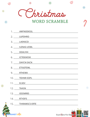 Challenging Christmas Word Scramble Worksheet