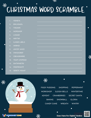 Festive Christmas Holiday Word Scramble Puzzle
