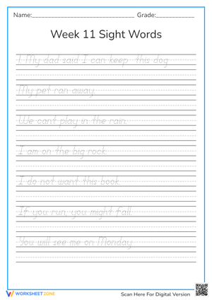 Week 11 Sight Words Tracing Worksheet