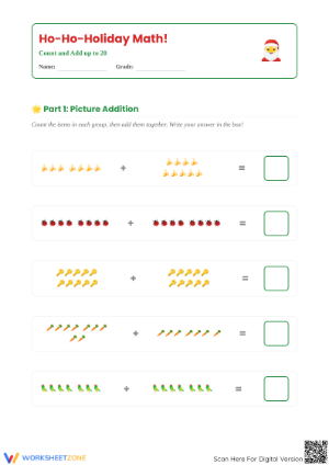 Printable Christmas Math: Count and Add to 20 Worksheet