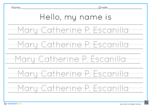 Kindergarten Name Tracing Sheet: Mary Catherine