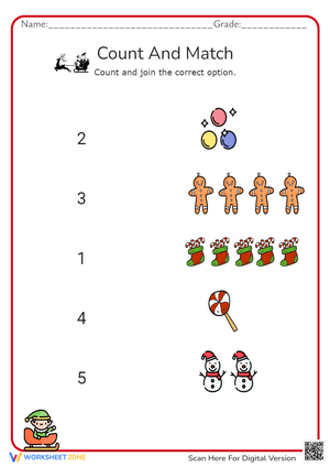 Christmas Count and Match Worksheet - Numbers 1-5 Activity