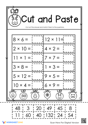 Cut and Paste Christmas multiplication worksheet