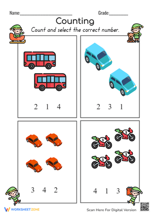 Transportation Counting Worksheet for Preschool