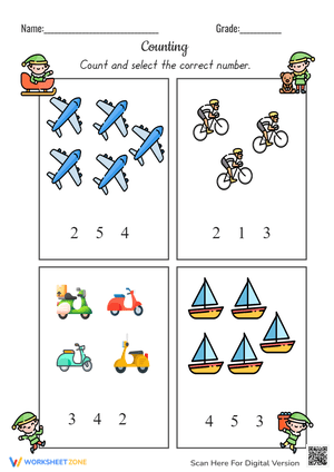 Transportation Counting Worksheet for Kids