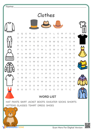 Clothes Word Search Puzzle Worksheet