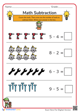 Construction Zone Subtraction - Math Tools Worksheet for Kids