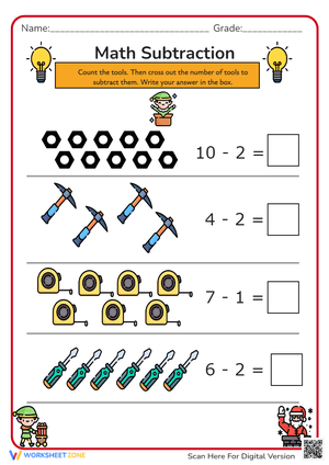 Construction Zone Subtraction Practice Worksheet