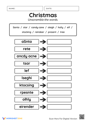 Christmas Word Unscramble | Grade 1 Printable Worksheet