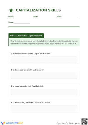Essential Capitalization Skills Worksheet | Grade 1-4 Aligned