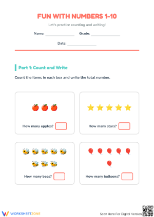 Printable Counting and Number Writing Worksheet | Grade K-1