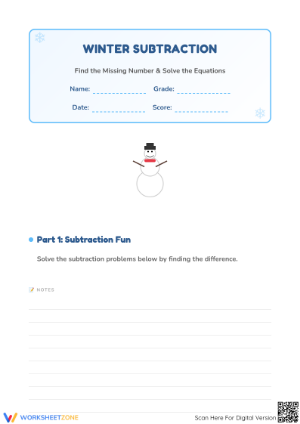 Printable Winter Subtraction Worksheet | Grade 1 Ready