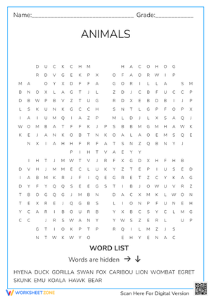 Animals Word Search