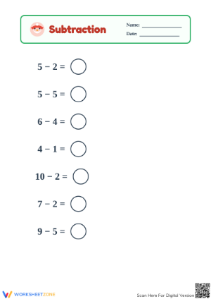 Printable Holiday Subtraction Within 10 Worksheet | Grade 1