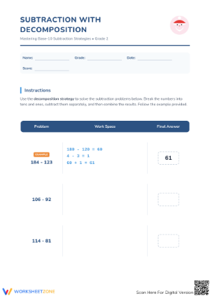 Printable Decomposition Subtraction Worksheet | Grade 2 Math
