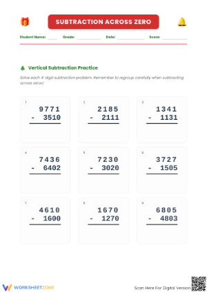 Subtraction Across Zero Worksheet | Grade 4 Printable