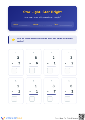 Grade 1 Subtraction with Stars — Printable No-Prep Worksheet
