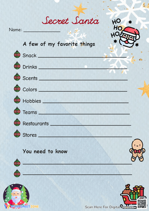Secret Santa Gift Idea Worksheet - Favorite Things List for Kids