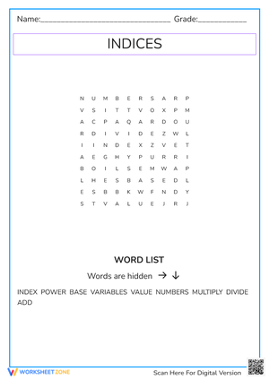 Indices - Mathematics Word Search