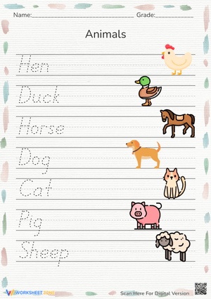 Animal Names Tracing Practice Worksheet
