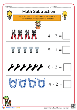 Construction Subtraction Worksheet: Math Fun