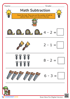 Math Subtraction with Tools Worksheet