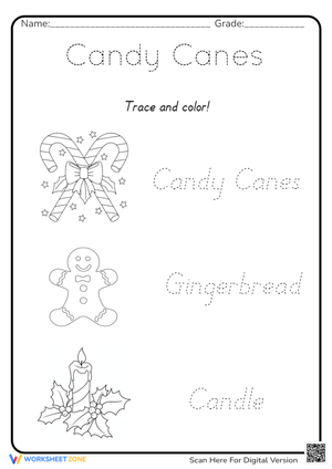 Trace and Color Candy Canes Worksheet