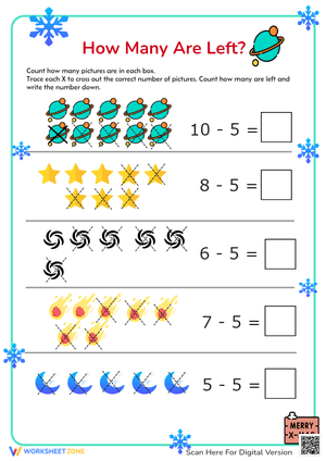 Cosmic Subtraction: How Many Are Left? - Math Worksheet for Kids