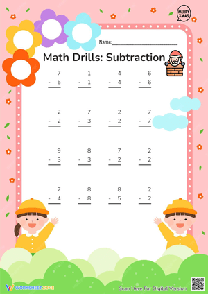 Subtraction Math Drills Worksheet for Kids