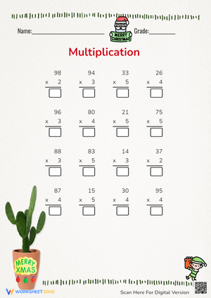 Christmas Multiplication: 2-Digit by 1-Digit Practice