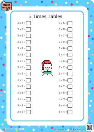 Christmas Snowman 3 Times Tables Multiplication Worksheet