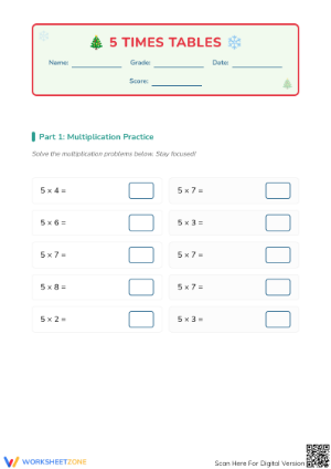 5 Times Tables Worksheet | Grade 3 Printable Math