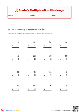 Printable Santa's Multiplication Challenge: Grade 4 Math