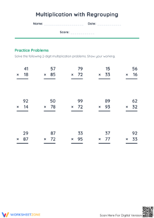 Essential Multiplication with Regrouping Worksheet | Grade 4
