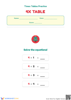 Grade 3 4x Multiplication Table — Printable Worksheet