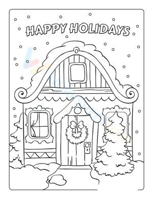 Happy Holidays: Snowy Cottage Coloring Page