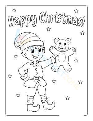 Happy Christmas Elf with Teddy Bear Coloring Page