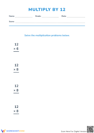 Multiply By 12 Printable Worksheet | Grade 3-4 Math