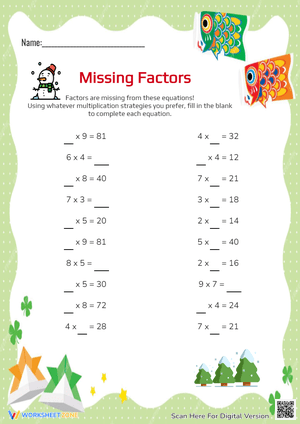 Winter Multiplication: Missing Factors Worksheet - Grades 2-3
