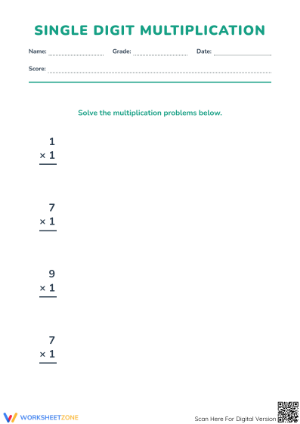 Printable Single Digit Multiplication Worksheet | Grade 3