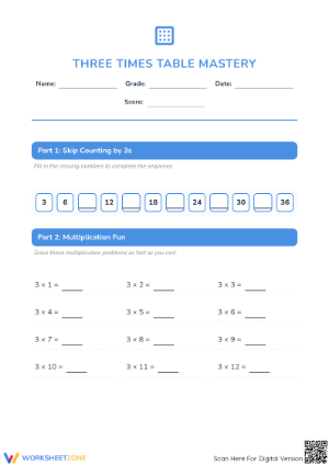 Complete Three Times Table Worksheet - Grade 3 Printable