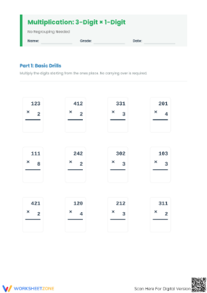 Printable 3-Digit by 1-Digit Multiplication Worksheet
