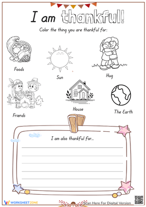 I Am Thankful Worksheet - Thanksgiving 