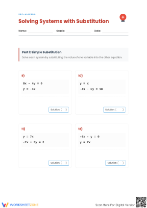 Printable Substitution Method Worksheet | Grade 8 Algebra