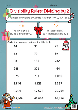 Christmas Divisibility Rules: Dividing by 2 Math Worksheet
