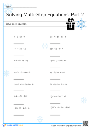 Multi-Step Equations Worksheet: Algebra Practice Part 2 (Grades 7-9)