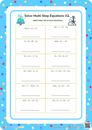 Solve Multi-Step Equations #2 - Algebra Practice Worksheet