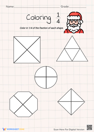 Santa's Fractions: Coloring 1/4 of Shapes - Math Worksheet Fun