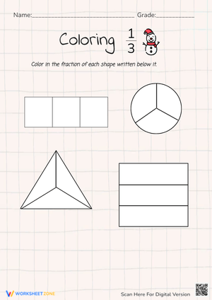 Color 1/3 Fractions: Shape Coloring Worksheet for Kids!